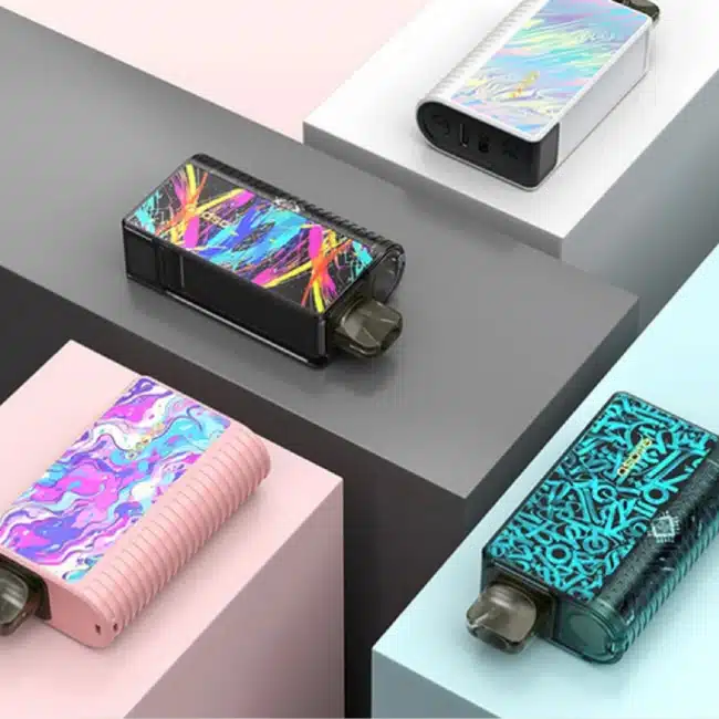 GoteK Nano in multiple color options, showcasing its aesthetic appeal with vibrant designs like Graffiti / Black, Ink Art / Pink, and Letters / Green, highlighting the variety and style of the device.