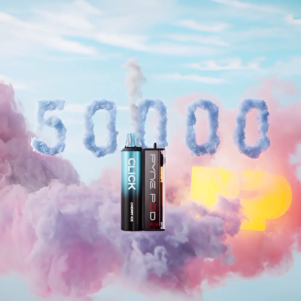 Pyne Pod Click 50K vape devices in black and blue, surrounded by colorful vapor clouds in shades of pink, blue, and purple.