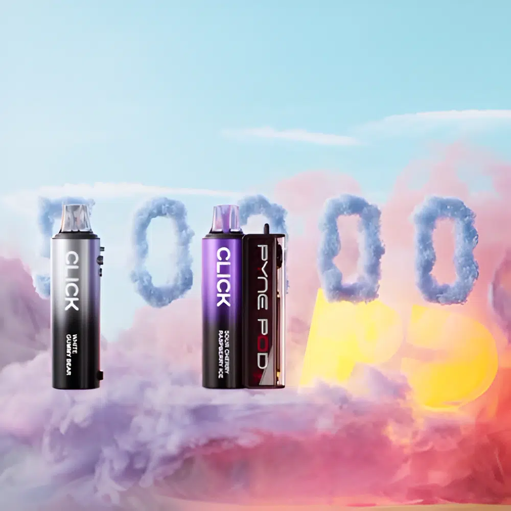 Click 50K Pod Kit devices in different colors (black, purple, and dark red) are showcased against a dreamy pastel background with clouds forming "50000" to highlight the puff capacity. The devices are labeled with flavors "White Gummy Bear" and "Sour Raspberry Cherry Ice," emphasizing the dual-flavor variety.