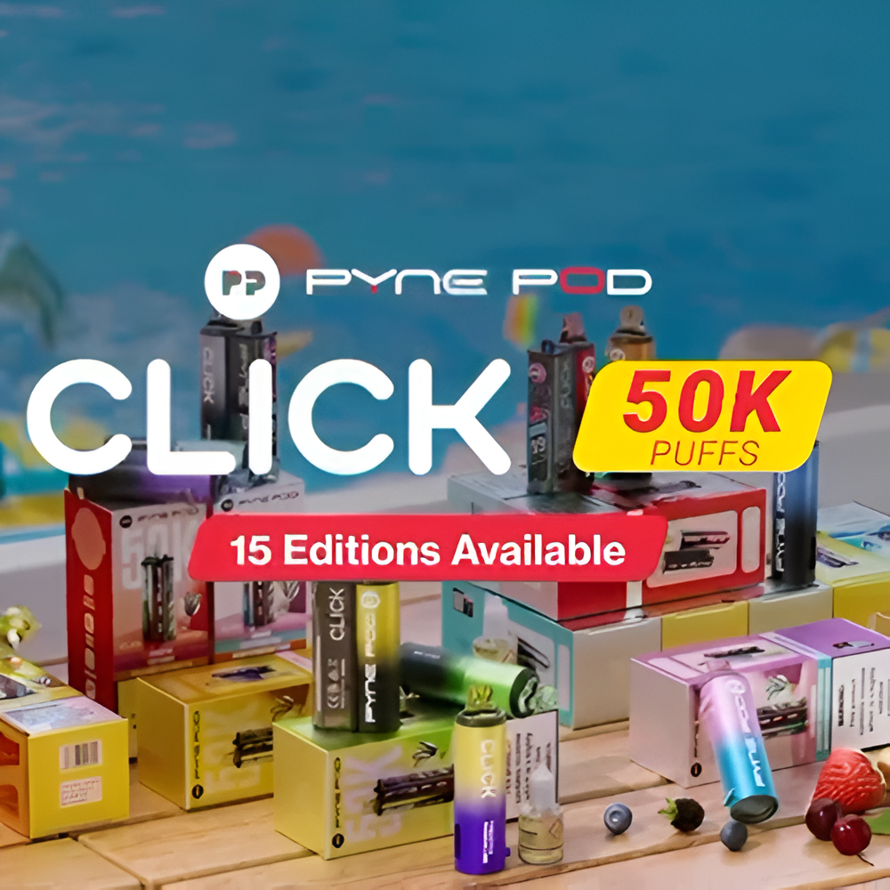 A promotional image for the Pyne Pod Click 50K Pod Kit, showcasing various vape devices and packaging in vibrant colors on a wooden surface. The background features a gradient blue sky with a sun. Bold text reads "PYNE POD CLICK 50K PUFFS" and "15 EDITIONS AVAILABLE," highlighting the product's 50,000-puff capacity and flavor variety.