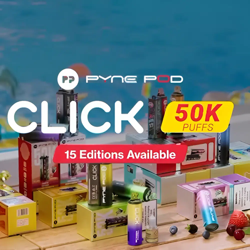 A promotional image for the Pyne Pod Click 50K Pod Kit, showcasing various vape devices and packaging in vibrant colors on a wooden surface. The background features a gradient blue sky with a sun. Bold text reads "PYNE POD CLICK 50K PUFFS" and "15 EDITIONS AVAILABLE," highlighting the product's 50,000-puff capacity and flavor variety.
