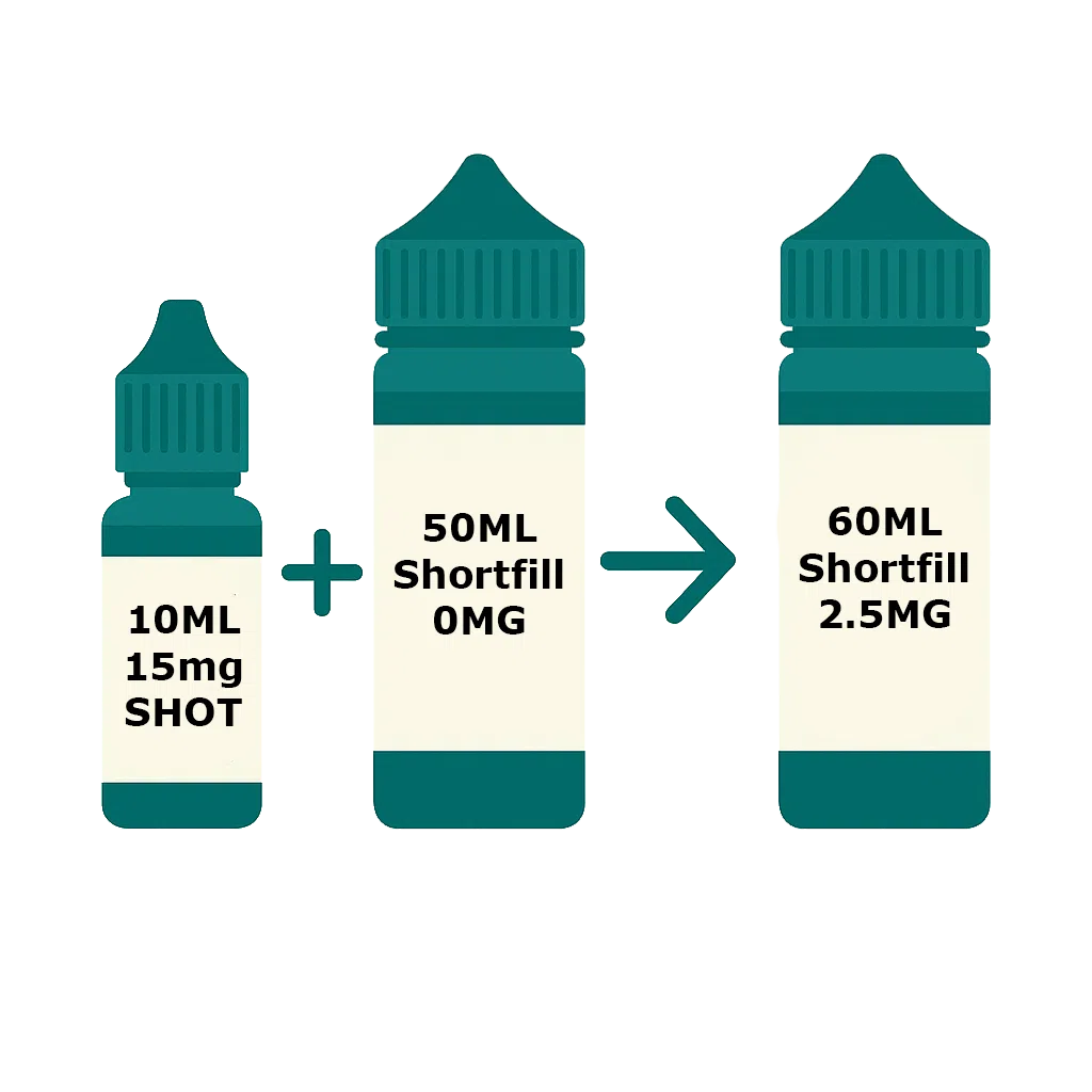 Infographic showing how adding a 10ml 15mg nicotine shot to a 50ml 0mg shortfill creates a 60ml e-liquid at 2.5mg strength.