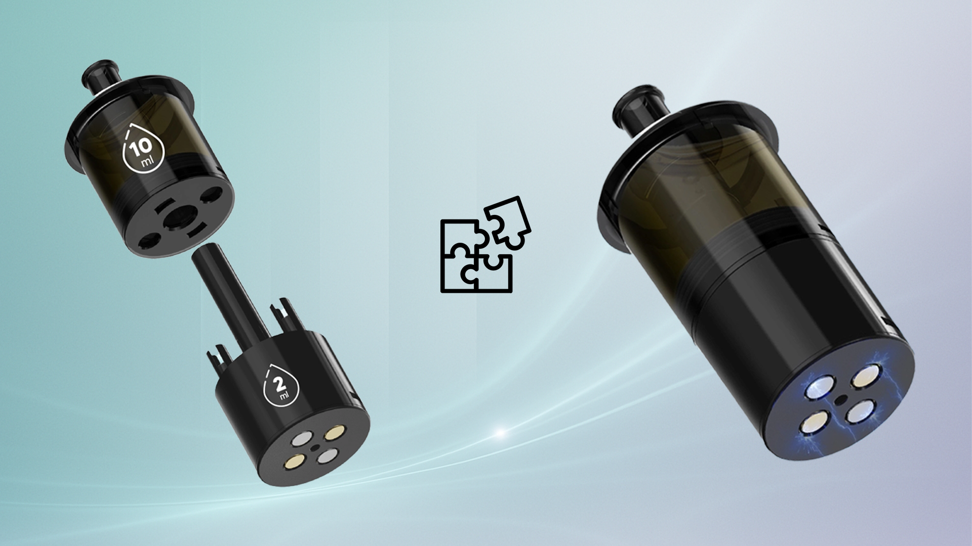 An image of the Enjoy Ultra 9000 vaping device, showcasing its assembly process against a gradient pink and purple background. On the left, the device is shown disassembled into two parts: the top section with a 10 mL liquid tank and the bottom section with a 2-ohm coil and four glowing dots. In the center, a puzzle piece icon symbolizes the assembly. On the right, the fully assembled device is displayed with the same glowing dots at the base. The text "ENJOY Ultra" is visible in the bottom left corner.