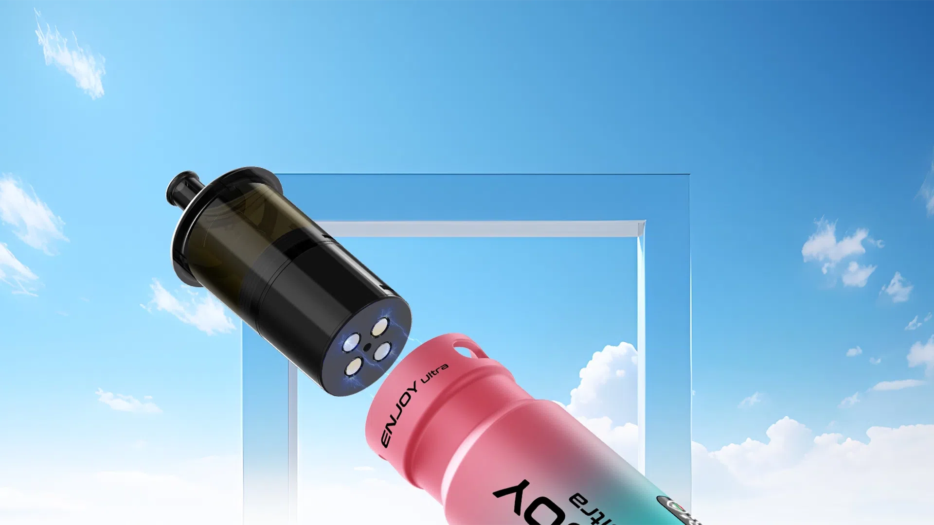 An image of the Enjoy Ultra 9000 vaping device in a pink and cyan gradient color, partially assembled against a bright blue sky with clouds. The device is shown with its top section (liquid tank and mouthpiece) detached from the main body, which displays four glowing dots at the base. A transparent rectangular frame surrounds the device, emphasizing the assembly process. The text "ENJOY Ultra" is visible on the side of the device.