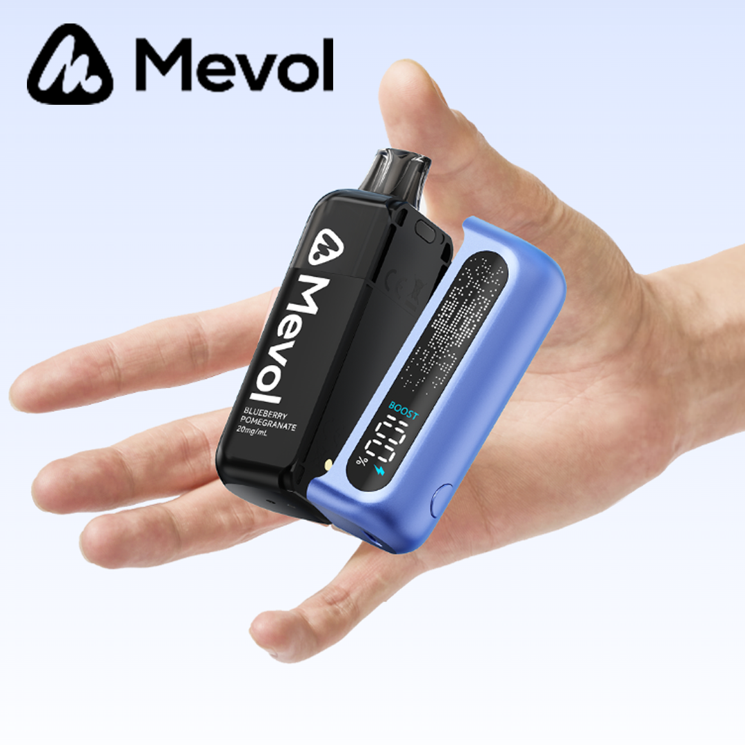 A hand holding a blue Mevol S7000 vape device with a black mouthpiece against a light blue background, featuring the Mevol logo in the top left corner. The device displays "BLUEBERRY POMEGRANATE 20mg/mL" on the pod and a digital screen showing