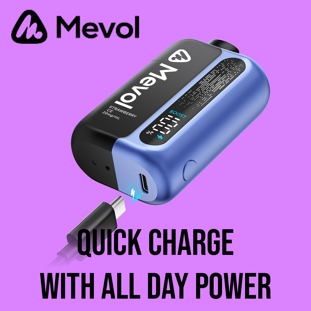 A promotional image of a Mevol vape device on a purple background, featuring the device with a digital display showing "100%" battery and "BOOST," connected to a USB-C charging cable, with text "QUICK CHARGE WITH ALL DAY POWER.