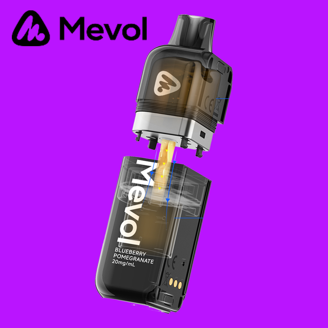 A disassembled Mevol vaping device on a purple background, showing a partially transparent black pod with yellowish e-liquid and a battery section with "MEVOL" branding, flavor "BLUEBERRY POMEGRANATE," and "20mg/mL" nicotine strength.
