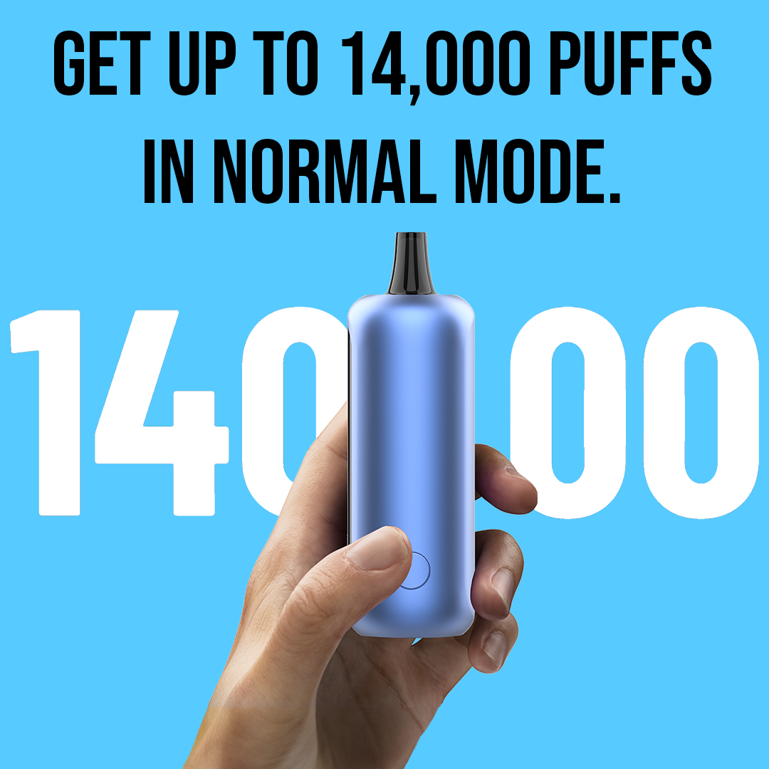A hand holding a blue vape device with a black mouthpiece against a bright blue background, with text "GET UP TO 14,000 PUFFS IN NORMAL MODE" and large "14000" numerals in the background.