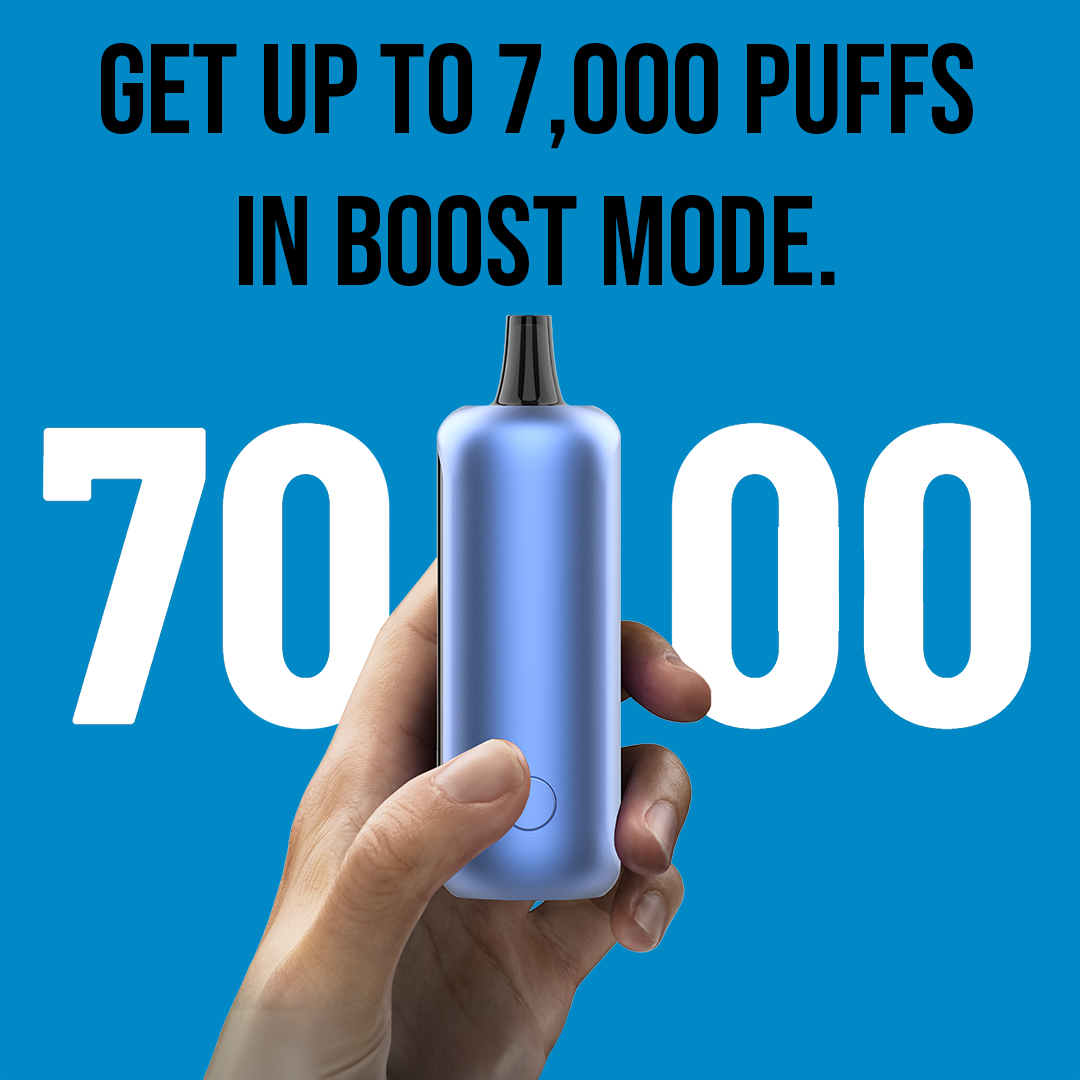 A hand holding a light blue vape pen with a black mouthpiece against a bright blue background, with text "GET UP TO 7,000 PUFFS IN BOOST MODE" and a large "7000" in the background.