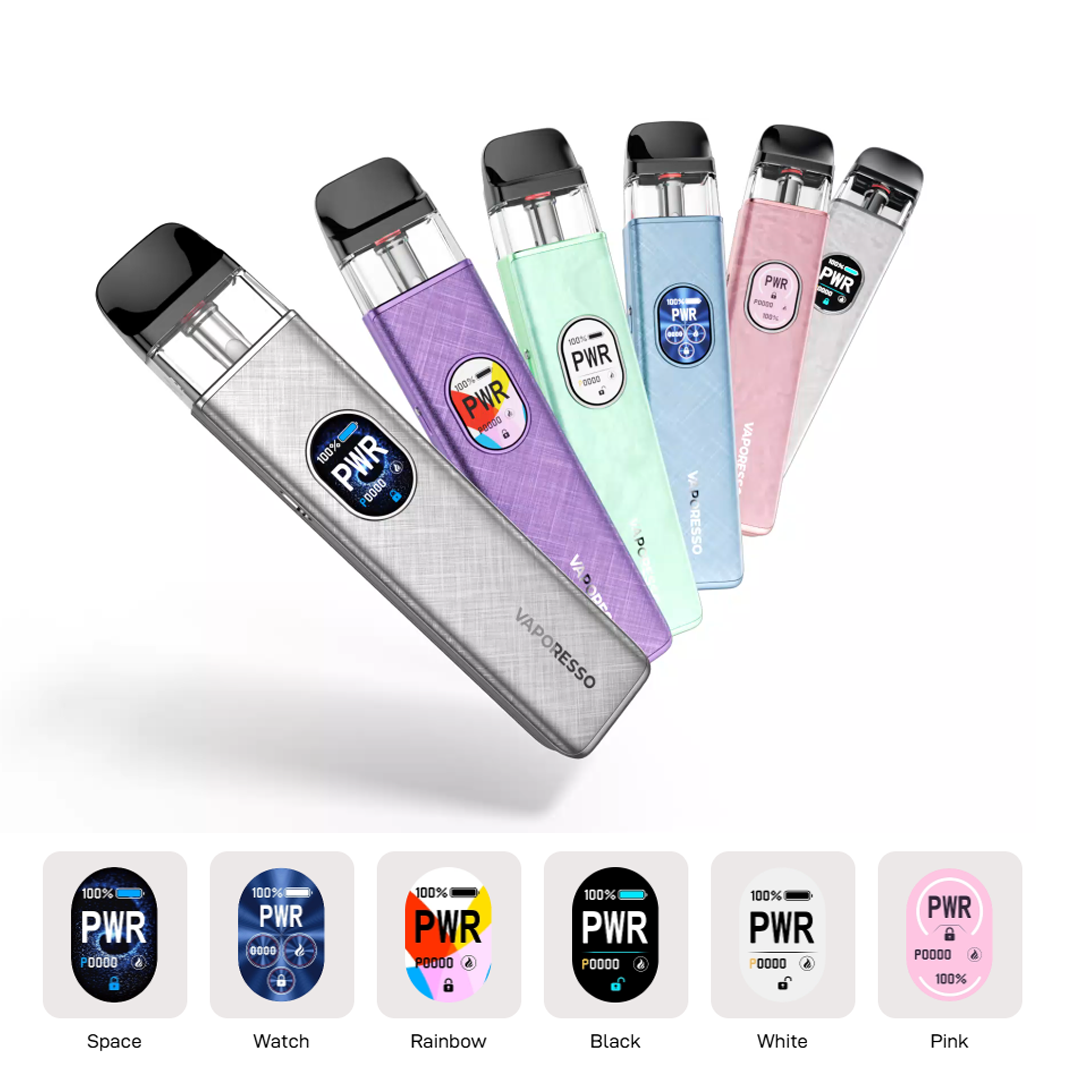 A promotional image of the Vaporesso XROS 5 Pod Vape Kit, showcasing five devices in various colors (silver, purple, light green, light blue, and pink) arranged in a fan-like pattern. Each device features a transparent pod window, a "Vaporesso" logo, and a circular "PWR" display showing power levels. Below, six circular screen themes (Space, Watch, Rainbow, Black, White, and Pink) highlight the customizable 0.88-inch HD OLED display options. The background is white, emphasizing the sleek design of the vape kits.