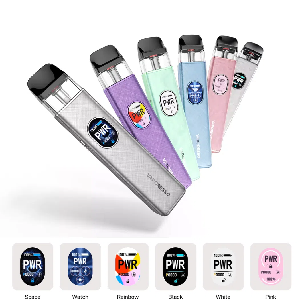 A promotional image of the Vaporesso XROS 5 Pod Vape Kit, showcasing five devices in various colors (silver, purple, light green, light blue, and pink) arranged in a fan-like pattern. Each device features a transparent pod window, a "Vaporesso" logo, and a circular "PWR" display showing power levels. Below, six circular screen themes (Space, Watch, Rainbow, Black, White, and Pink) highlight the customizable 0.88-inch HD OLED display options. The background is white, emphasizing the sleek design of the vape kits.
