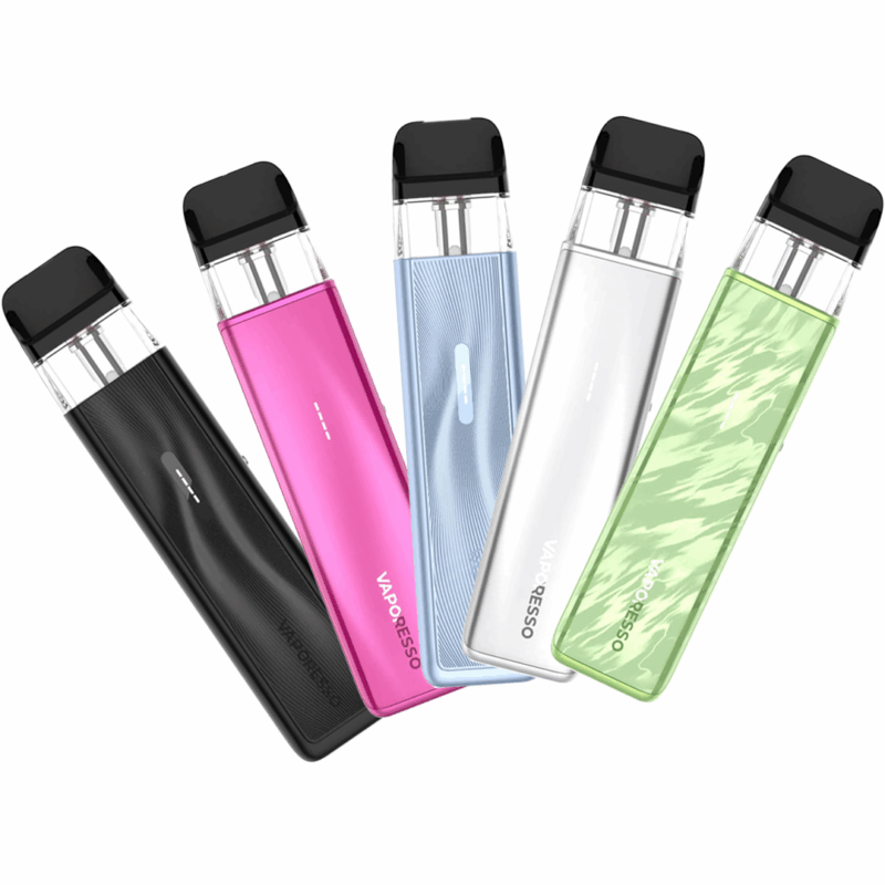 An image showcasing five Vaporesso XROS 5 Mini Pod Vape Kits in different colors—black, pink, light blue, silver, and green—arranged in a fan-like pattern against a white background. Each device has a transparent pod window, a black mouthpiece, and the "Vaporesso" logo on the side, highlighting their sleek and compact design.