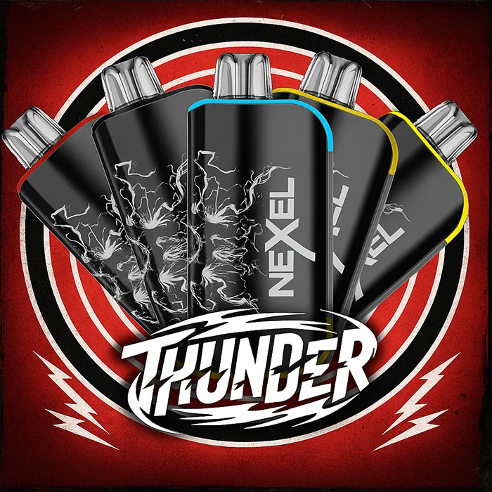 Nexel Thunder 15K Prefilled Pod Kit in multiple color variants, including black with blue and yellow accents, arranged in a fan shape with a bold 'Thunder' logo and red target background.