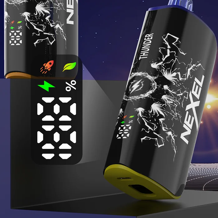 Nexel Thunder 15K Prefilled Pod Kit with curved OLED display showing battery level and puff count, featuring a sleek black design with lightning graphics and eco-friendly leaf icon.