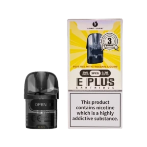 Lost Vape E Plus 0.3 Ohm replacement pod beside its 3 pack retail box