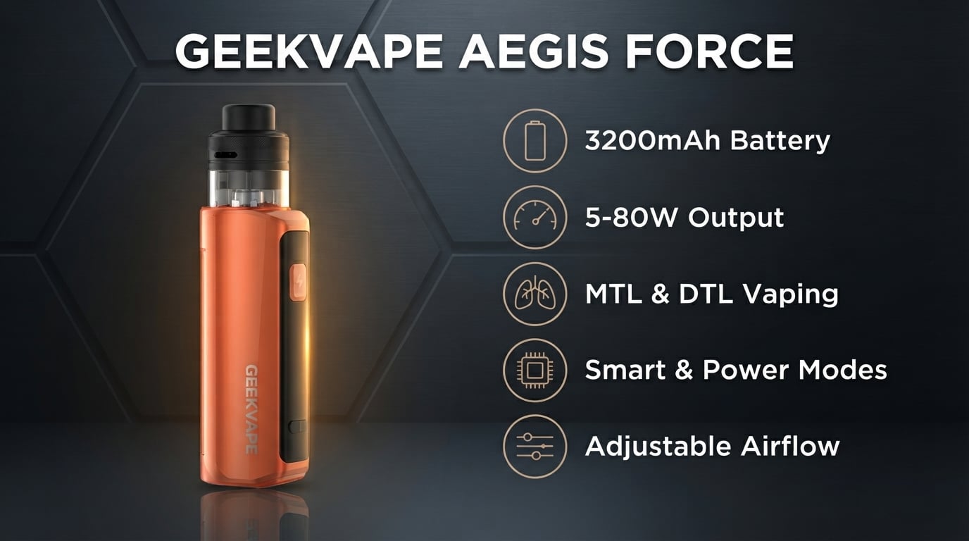 GeekVape Aegis Force Pod Kit features: 3200mAh battery, 5-80W output, MTL and DTL vaping, Smart and Power modes, adjustable airflow
