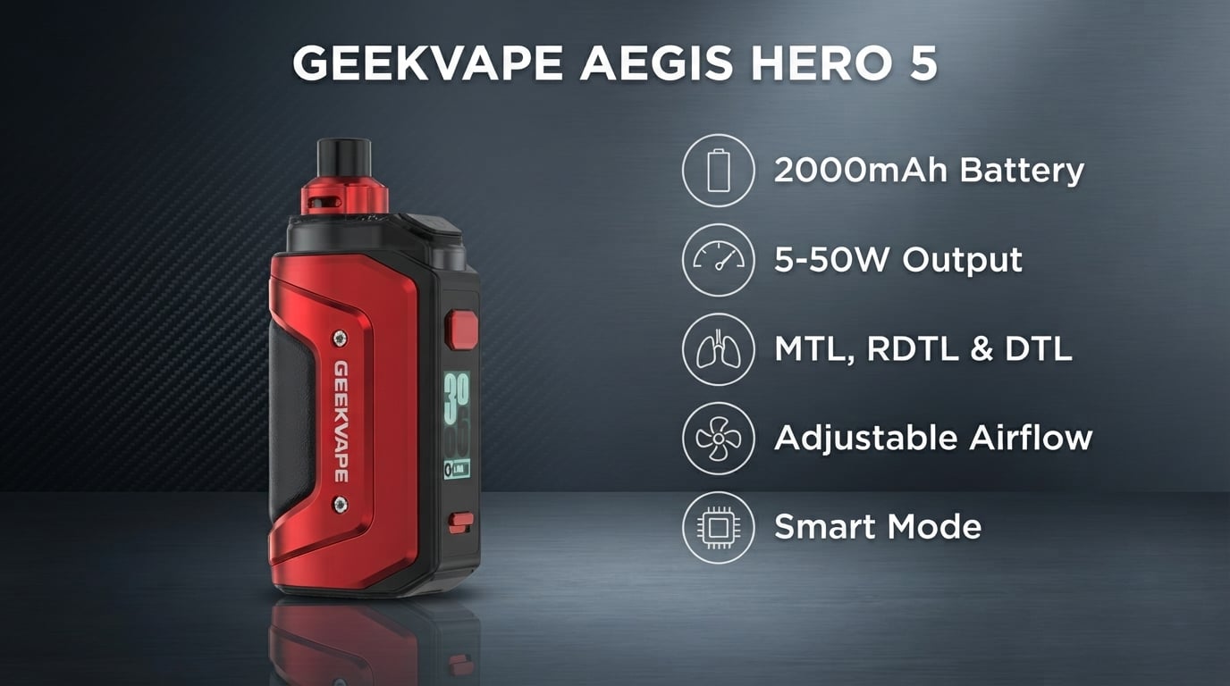 GeekVape Aegis Hero 5 features: 2000mAh battery, 5-50W output, MTL, RDTL and DTL, adjustable airflow and Smart Mode