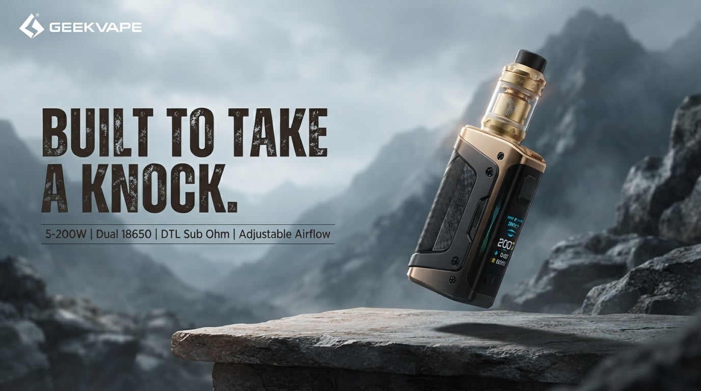 GeekVape Aegis Legend 5 rugged sub ohm box mod on a stone ledge