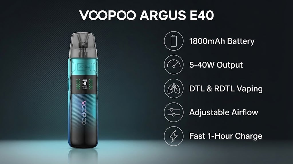 Voopoo Argus E40 features: 1800mAh battery, 5-40W output, DTL and RDTL vaping, adjustable airflow
