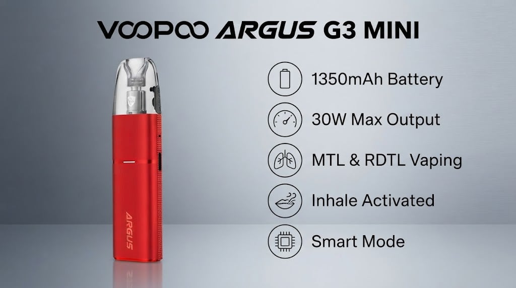 Voopoo Argus G3 Mini features: 1350mAh battery, 30W output, MTL and RDTL, Smart Mode