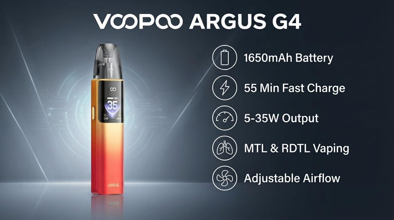 Voopoo Argus G4 features: 1650mAh battery, 5-35W, MTL and RDTL, adjustable airflow