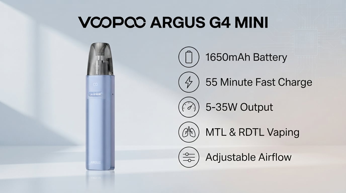 Voopoo Argus G4 Mini features: 1650mAh battery, 5-35W, MTL and RDTL, adjustable airflow