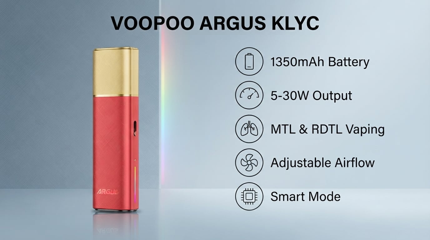 Voopoo Argus Klyc features: 1350mAh battery, 5-30W output, Smart Mode and adjustable airflow