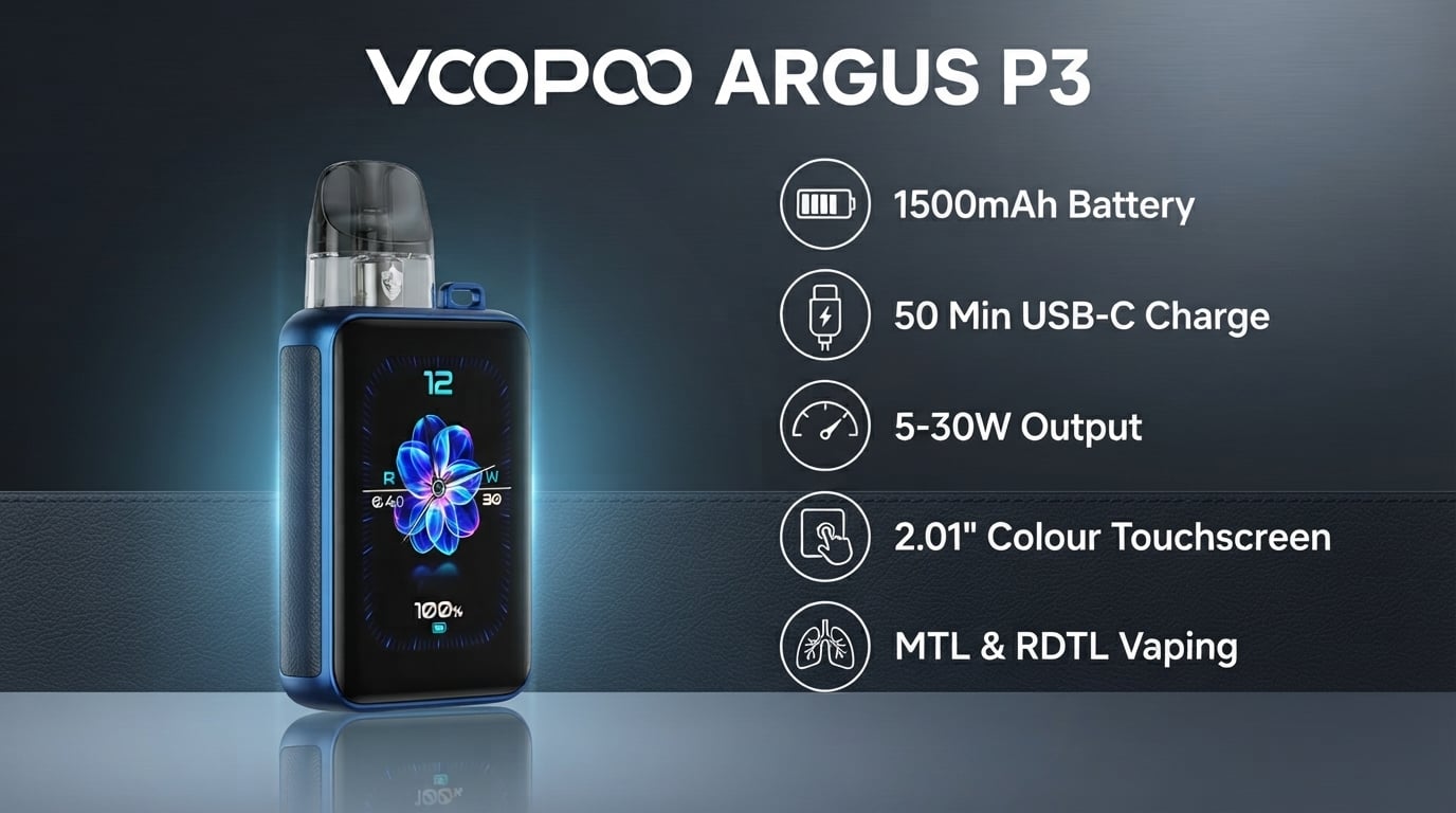 Voopoo Argus P3 features: 1500mAh battery, 50 minute charge, 5-30W, 2.01 inch touchscreen, MTL and RDTL