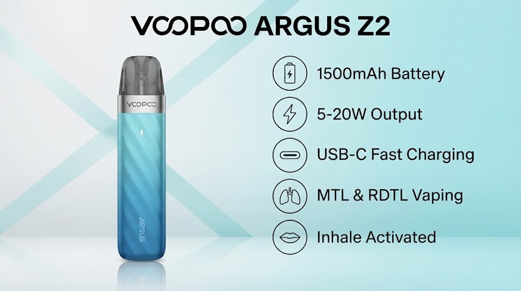 Voopoo Argus Z2 features: 1500mAh battery, 5-20W, USB-C charging, MTL and RDTL