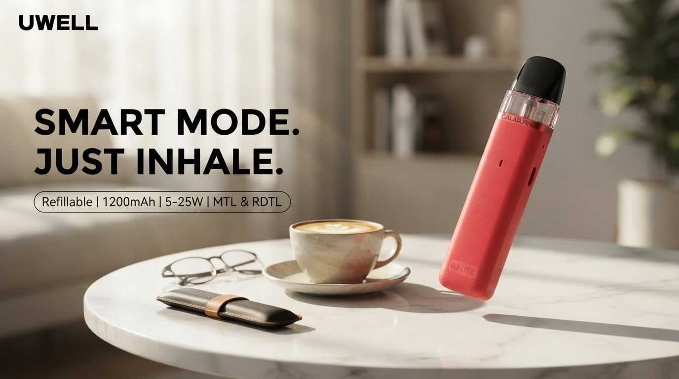 Uwell Caliburn G3 Lite Pod Kit resting on a table beside a coffee