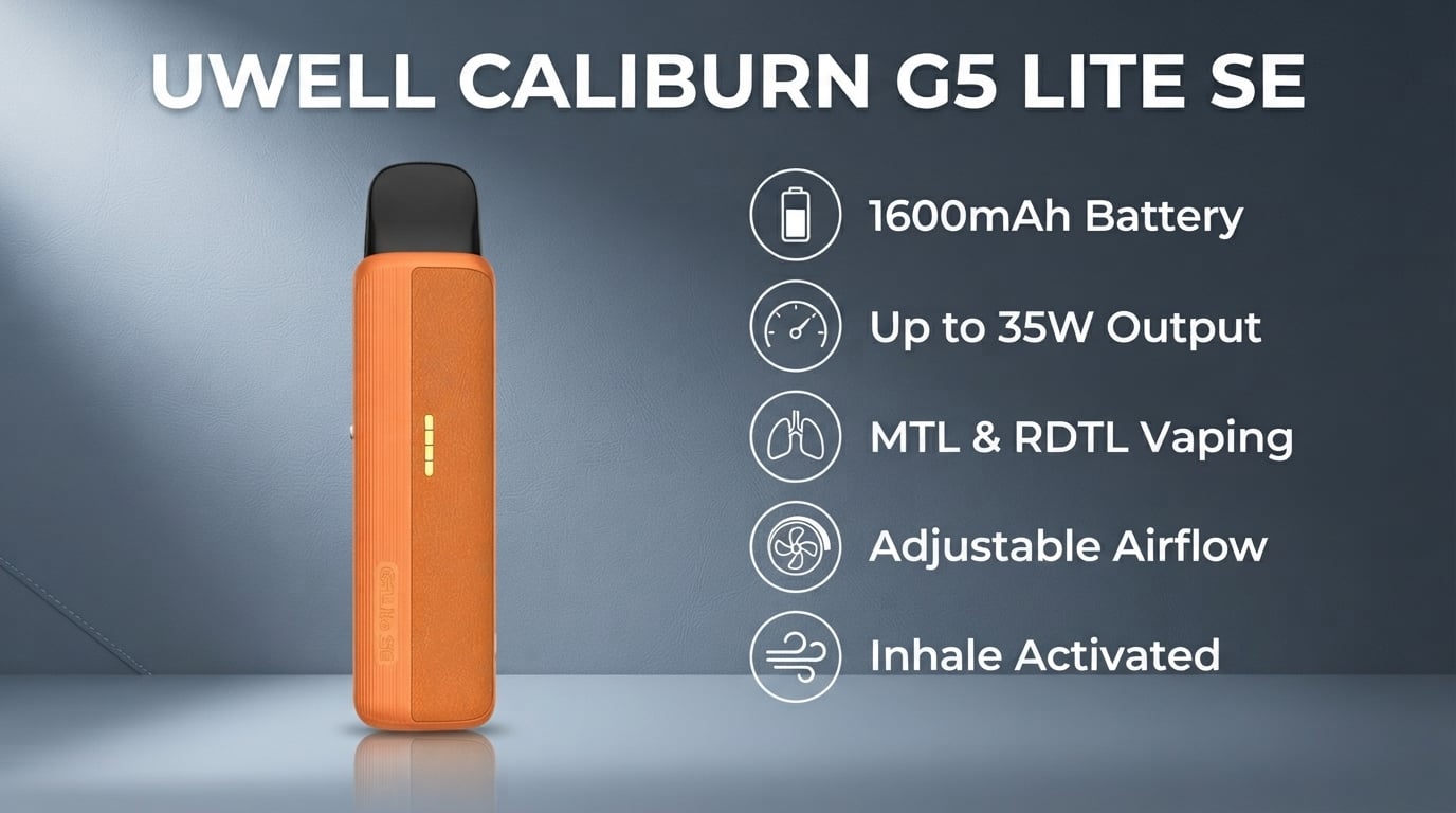 Uwell Caliburn G5 Lite SE features: 1600mAh battery, up to 35W, MTL and RDTL, adjustable airflow