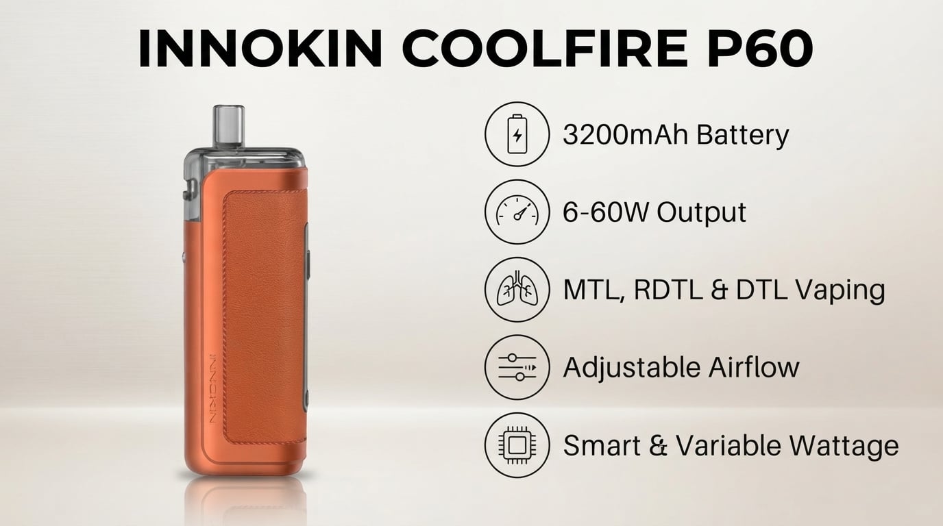 Innokin Coolfire P60 features: 3200mAh battery, 6-60W, MTL, RDTL and DTL vaping, adjustable airflow