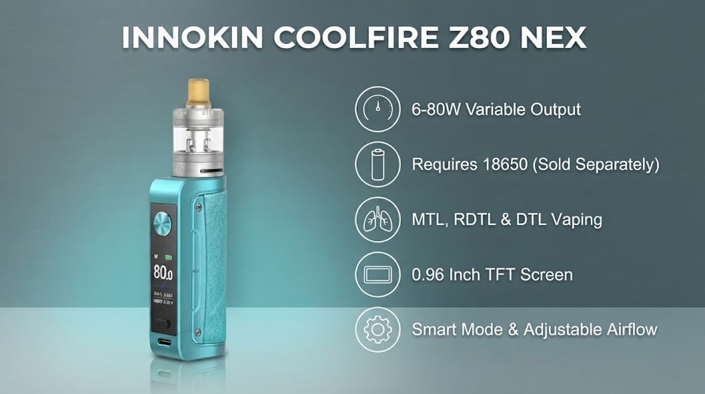 Innokin Coolfire Z80 Nex features: 6 to 80W, MTL, RDTL and DTL vaping, 0.96 inch TFT screen