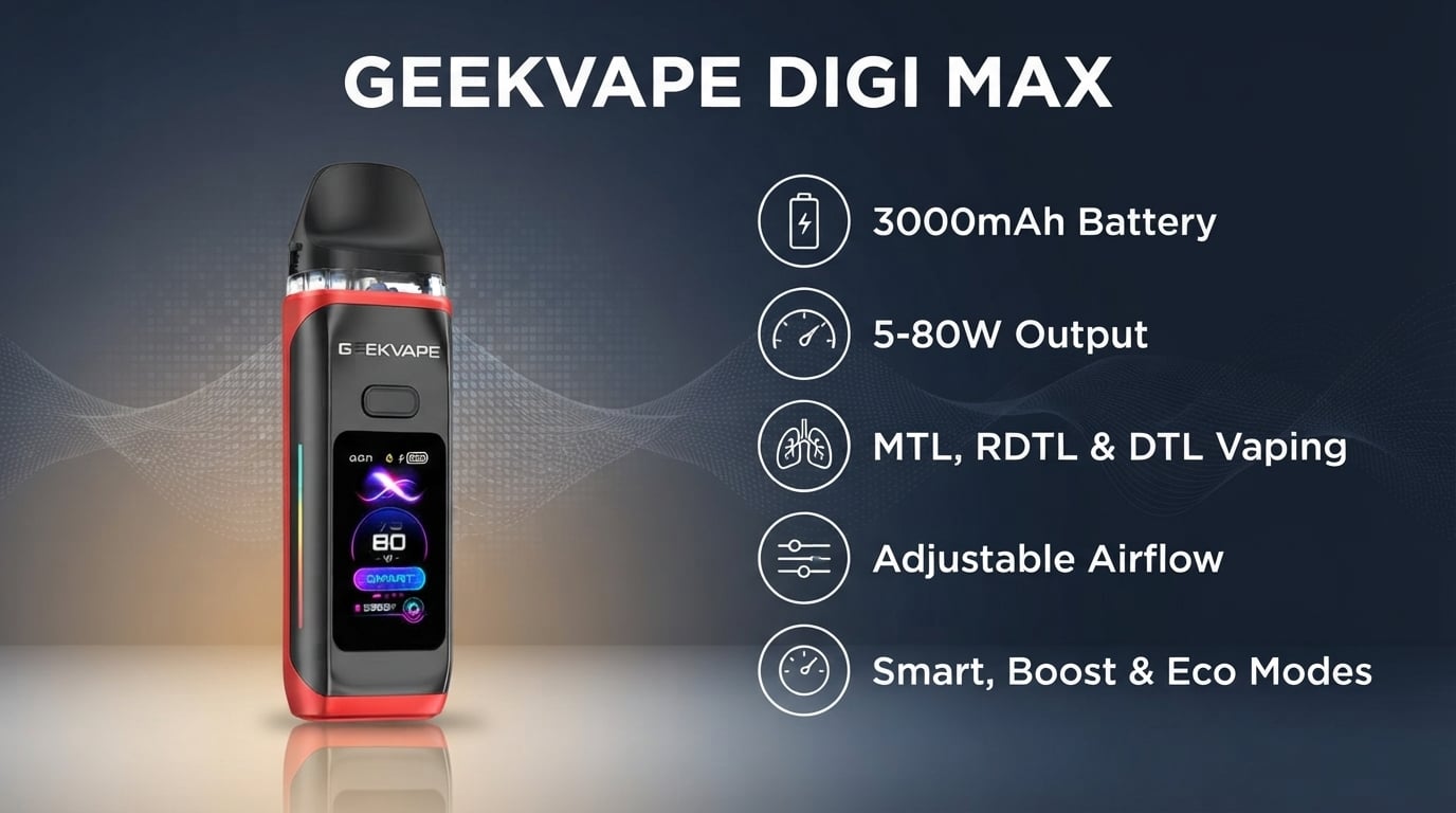 GeekVape Digi Max features: 3000mAh battery, 5-80W output, MTL, RDTL and DTL vaping, adjustable airflow