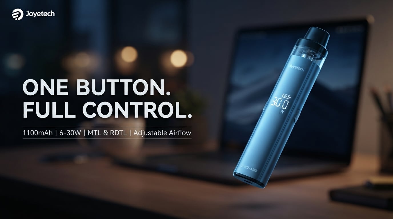 Joyetech Evio M Pro Pod Kit on a night-time desk