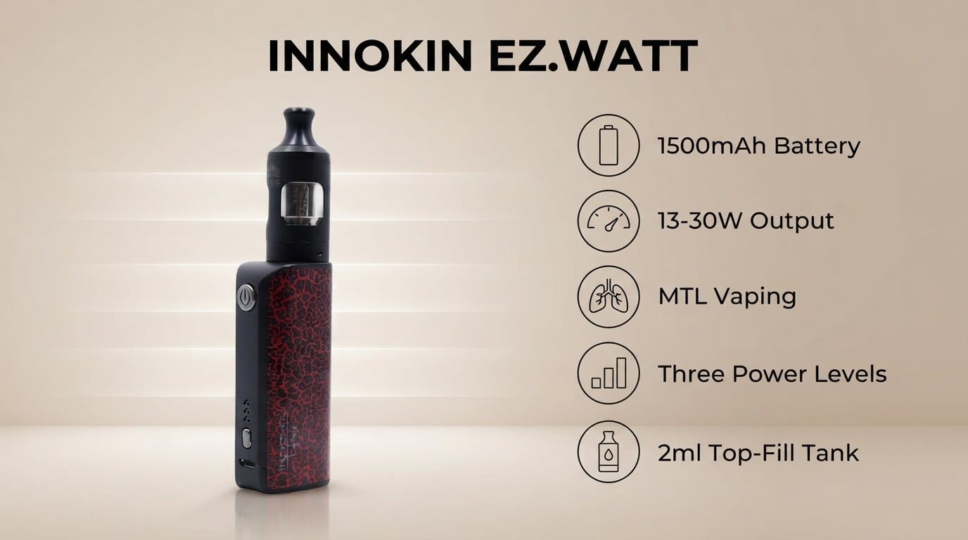 Innokin Ez.Watt features: 1500mAh battery, 13-30W, MTL vaping and three power levels