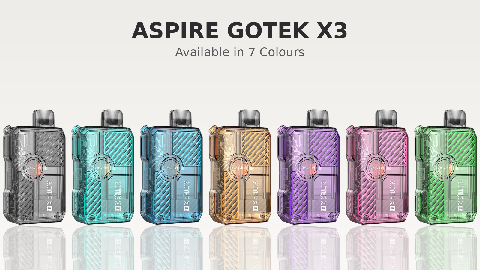 Aspire Gotek X3 pod kit shown in all seven colours