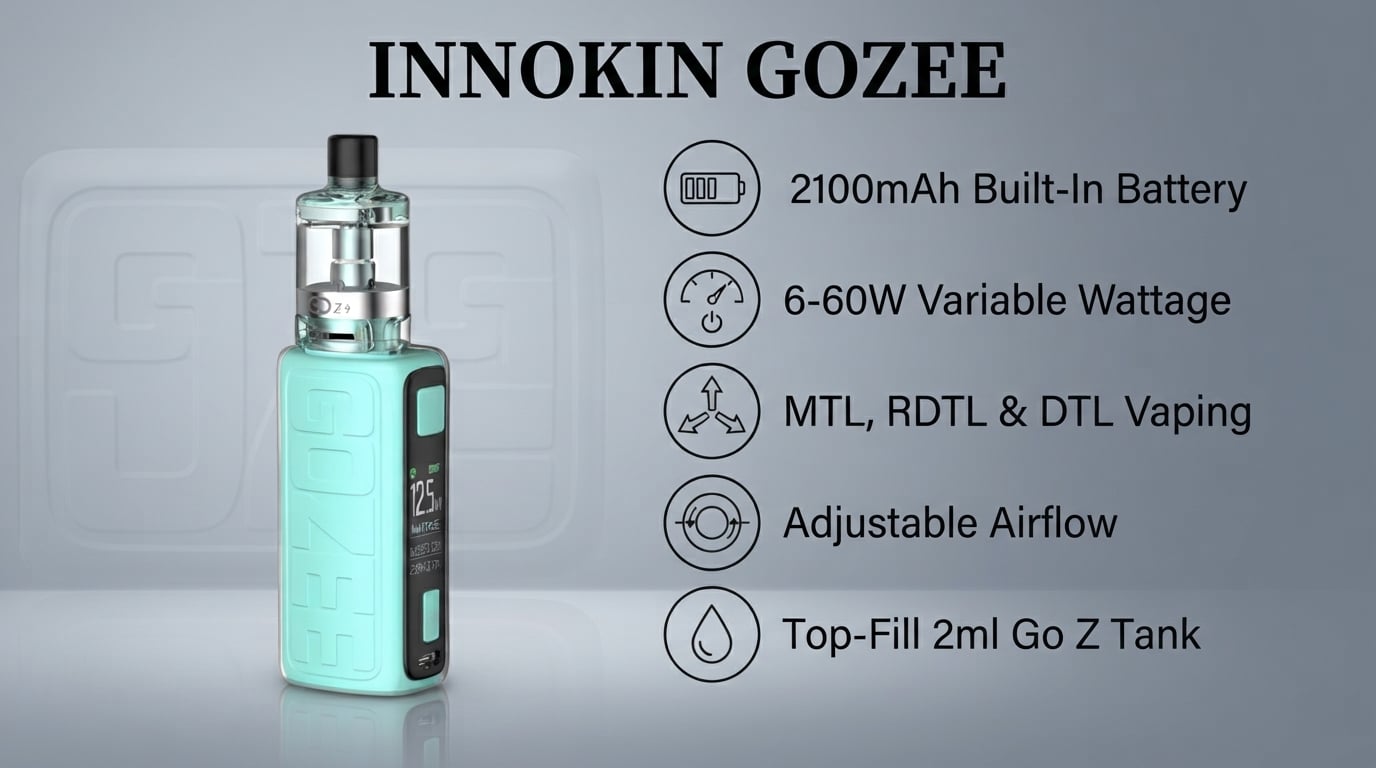 Innokin Gozee features: 2100mAh battery, 6-60W, MTL, RDTL and DTL vaping