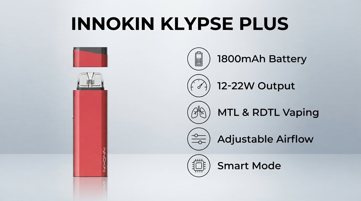 Innokin Klypse Plus features: 1800mAh battery, 12-22W, MTL and RDTL, adjustable airflow