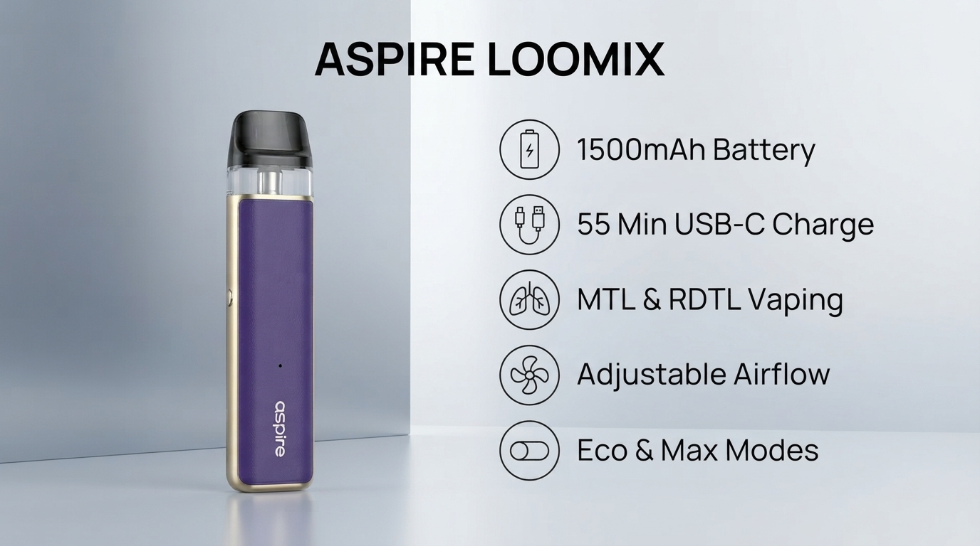 Aspire Loomix features: 1500mAh battery, 55 minute USB-C charge, MTL and RDTL vaping and adjustable airflow