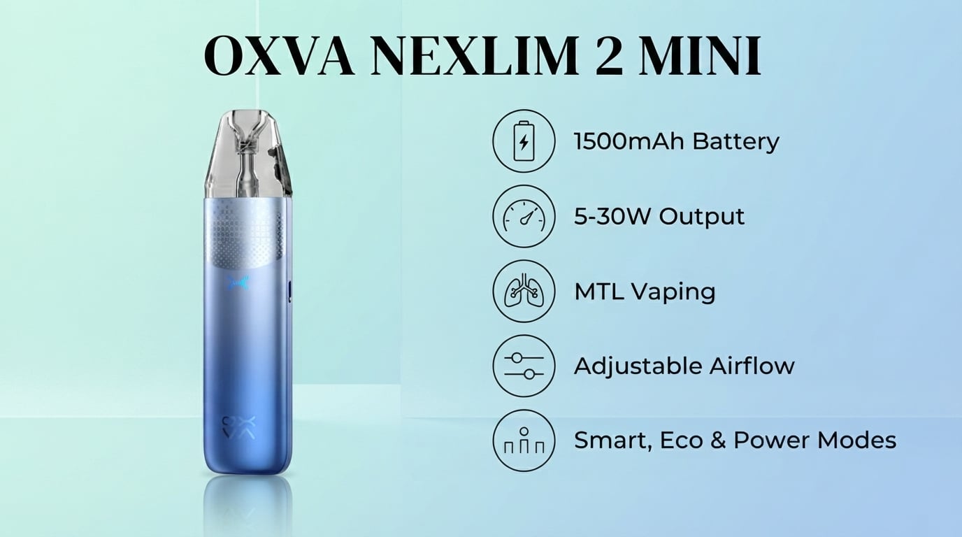 OXVA Nexlim 2 Mini features: 1500mAh battery, 5-30W, MTL vaping, adjustable airflow
