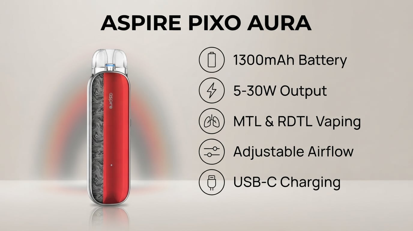 Aspire Pixo Aura pod kit feature banner listing the battery, output, draw styles, airflow and charging