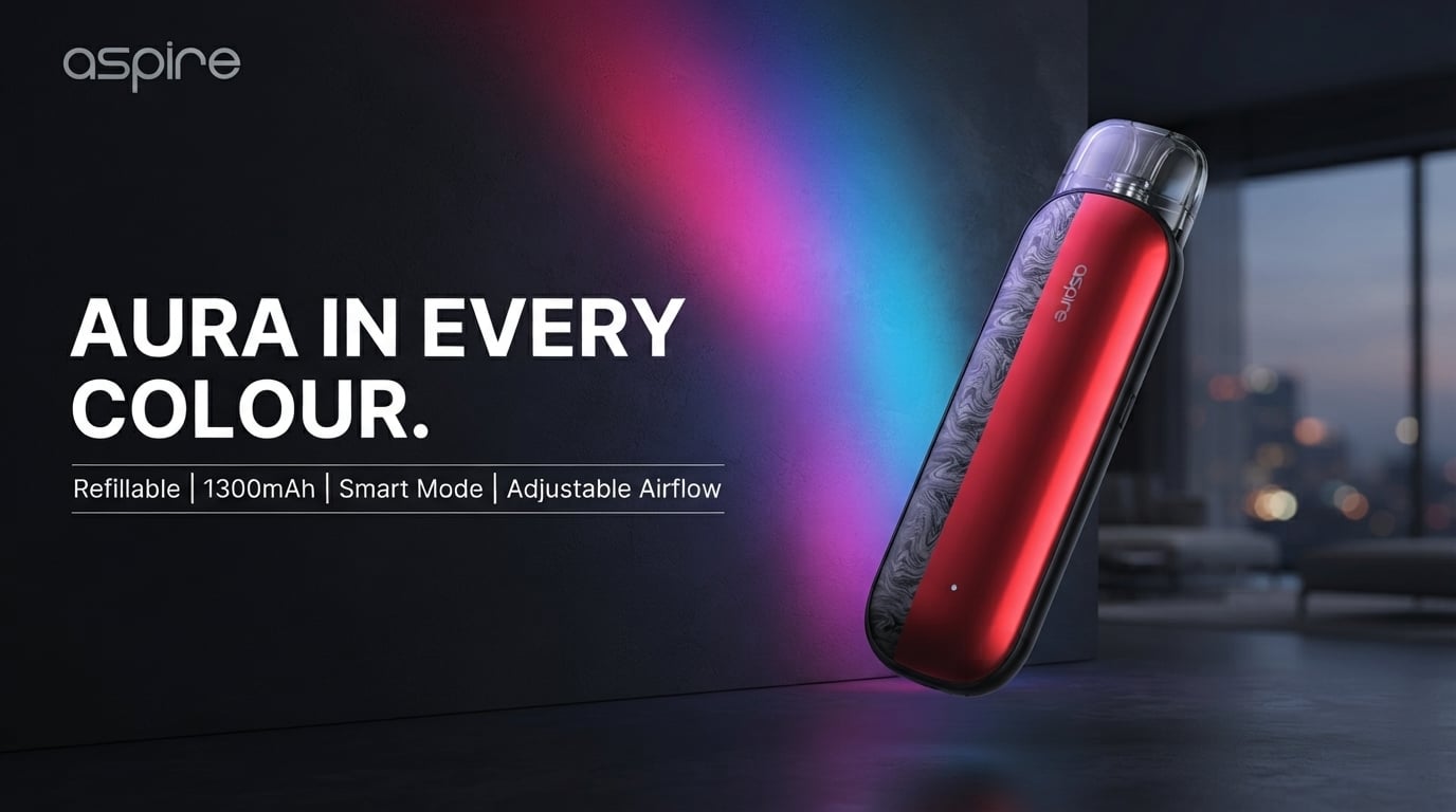 Aspire Pixo Aura pod kit lifestyle banner with a colourful aura glow