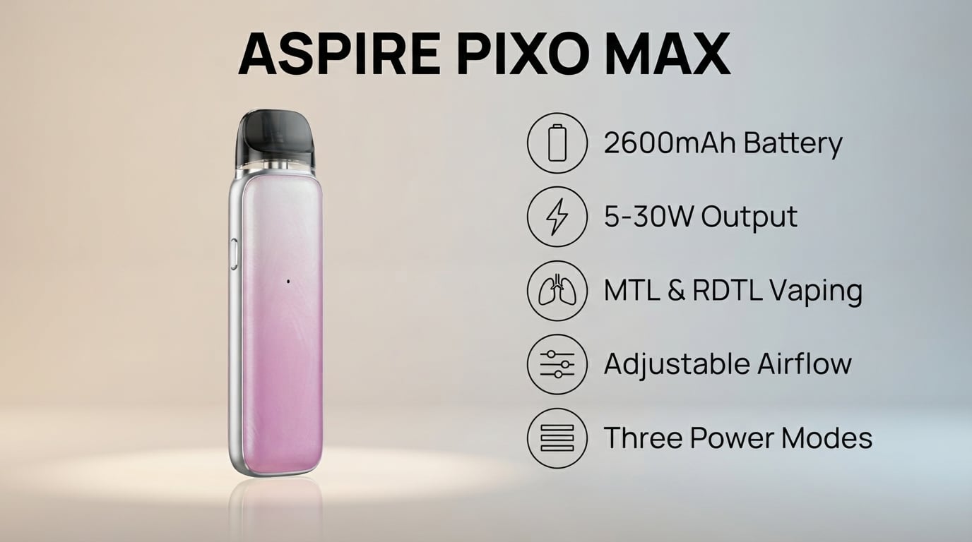 Aspire Pixo Max features: 2600mAh battery, 5-30W output, MTL and RDTL, adjustable airflow and three power modes