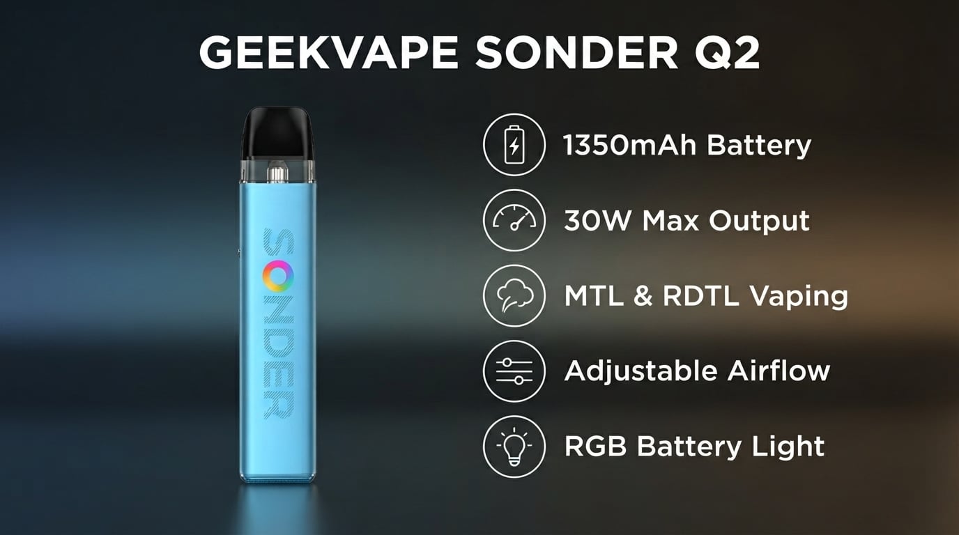 GeekVape Sonder Q2 features: 1350mAh battery, 30W, MTL and RDTL, adjustable airflow