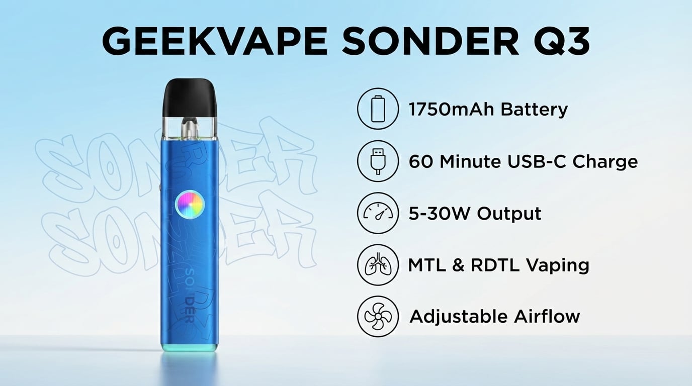 GeekVape Sonder Q3 features: 1750mAh battery, 5-30W, MTL and RDTL, adjustable airflow