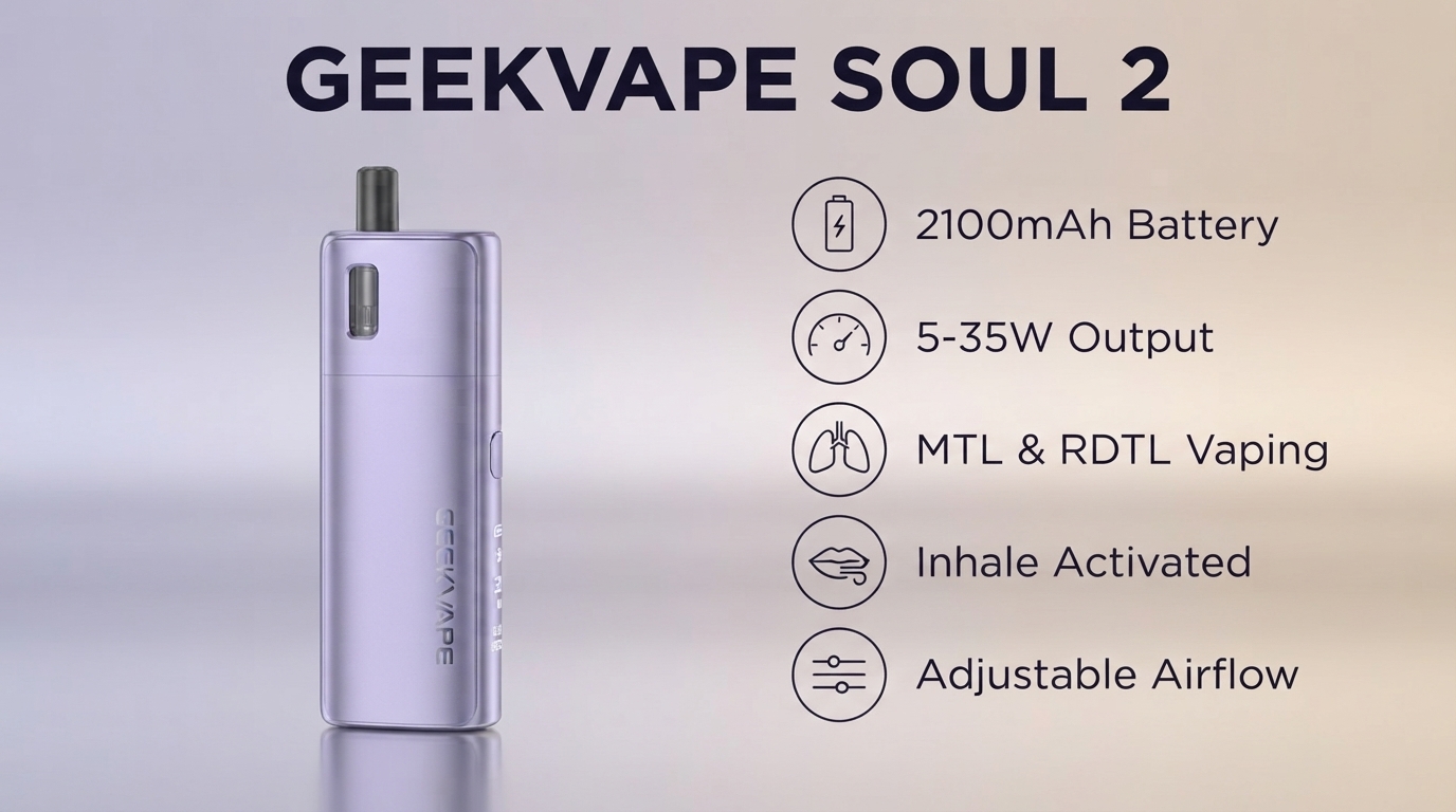 GeekVape Soul 2 features: 2100mAh battery, 5-35W, MTL and RDTL, adjustable airflow
