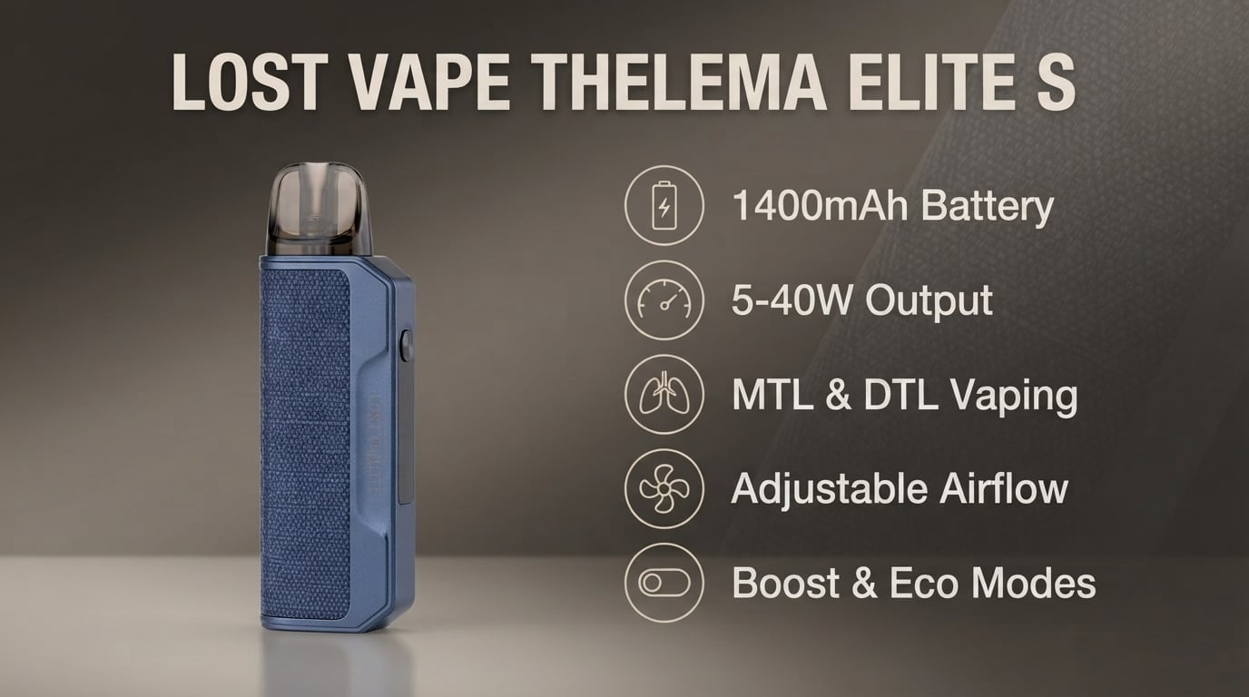 Lost Vape Thelema Elite S features: 1400mAh battery, 5-40W, MTL and DTL, adjustable airflow, Boost and Eco modes