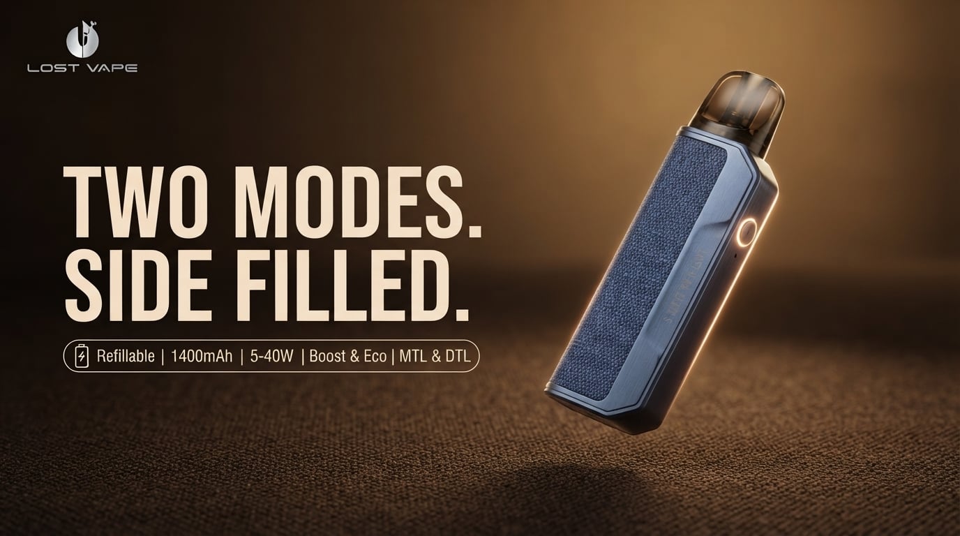 Lost Vape Thelema Elite S refillable pod kit on a fabric surface