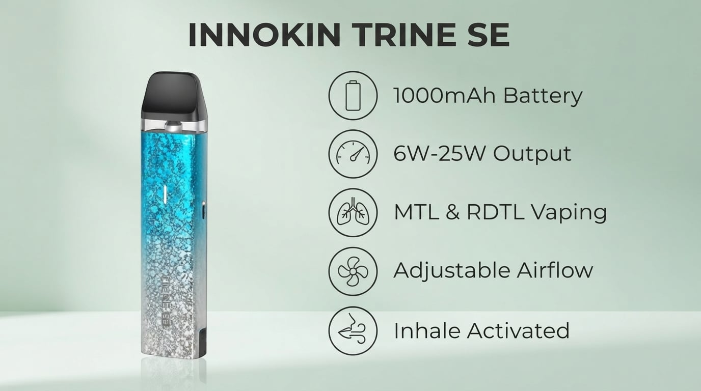Innokin Trine SE features: 1000mAh battery, 6W to 25W, MTL and RDTL, adjustable airflow